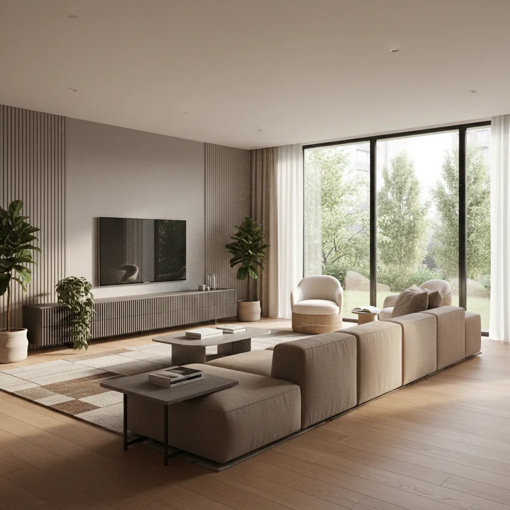 Render 3D realista de un salón generado con software de diseño