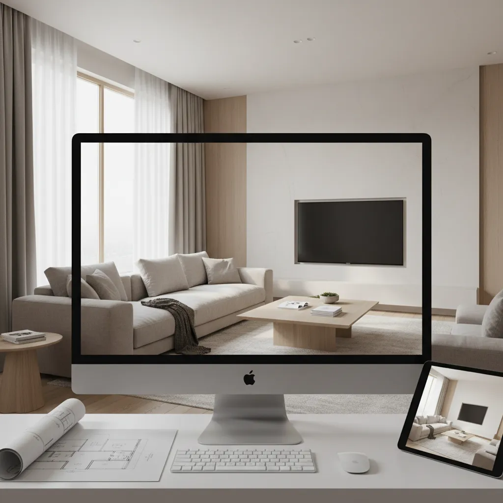 photorealistic 3D render preview of living room interior design