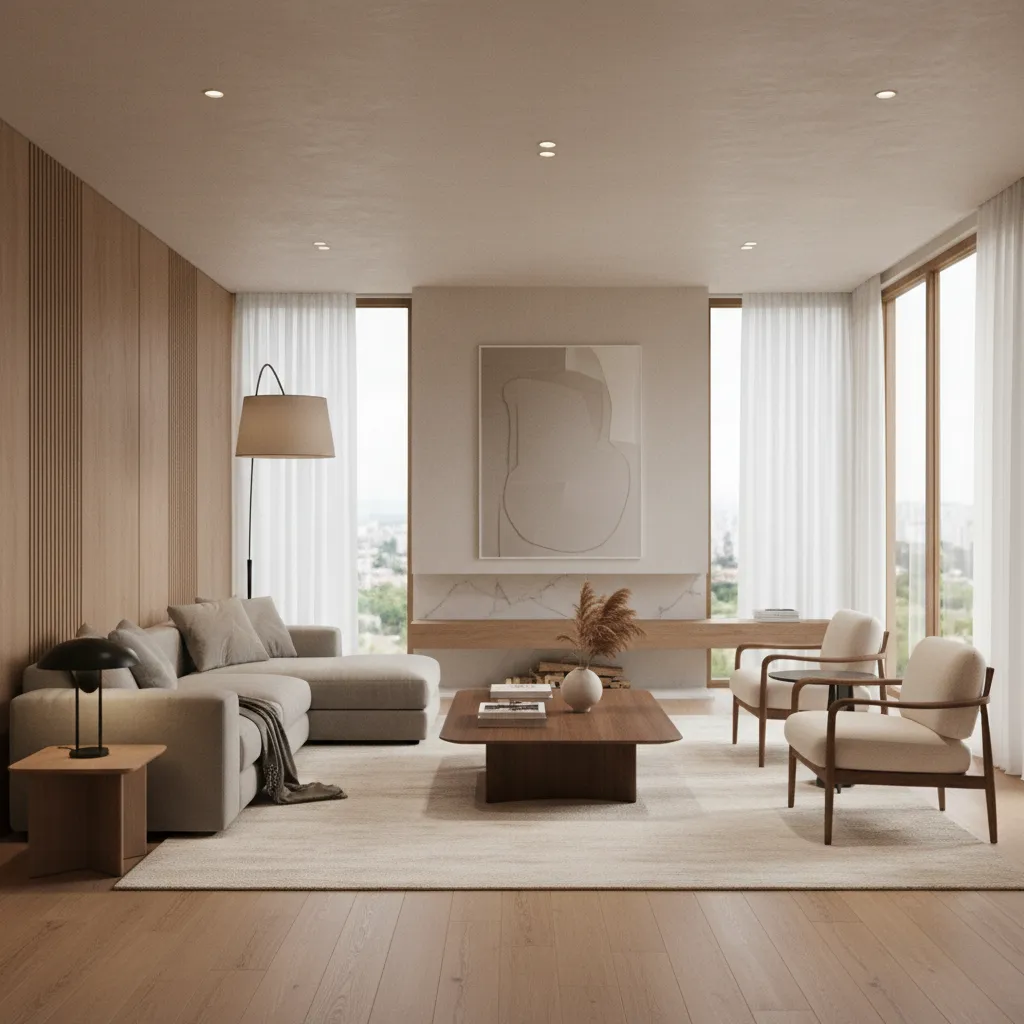 Render 3D realista de un salón moderno antes de ejecutar el diseño
