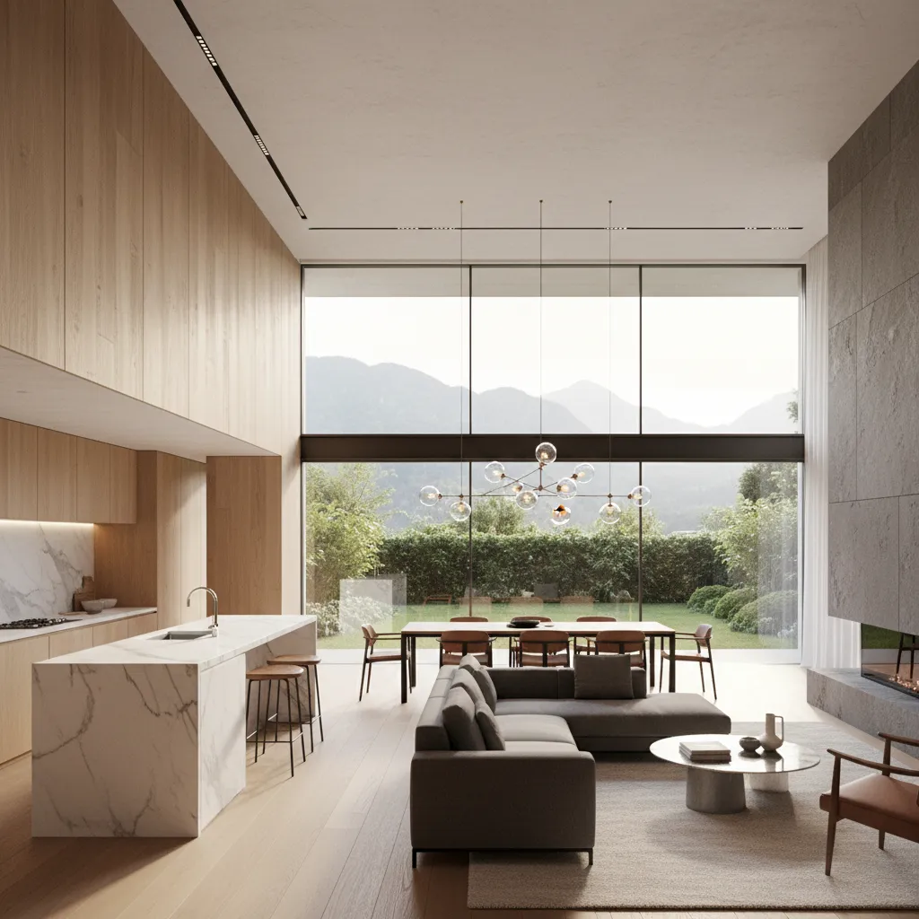 Render 3D realista de una casa moderna con iluminación natural