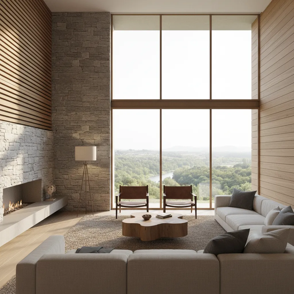 Renderizado 3D realista de una casa moderna con salón luminoso y materiales naturales