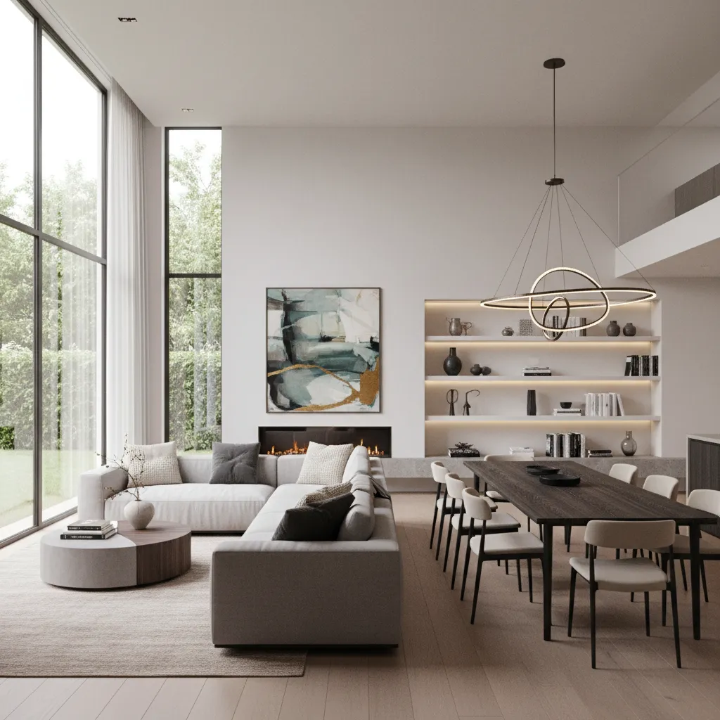 Modern open plan living room with grey sofa and dining table under a ceiling light