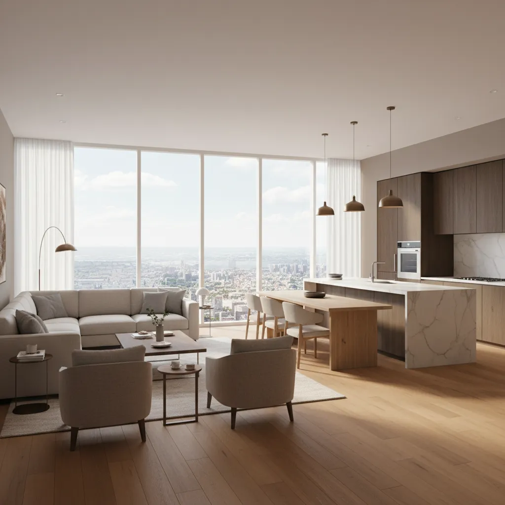 Render realista de interior de vivienda generado digitalmente