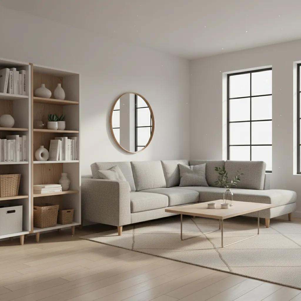 Render 3D realista de un salón moderno con muebles estilo IKEA