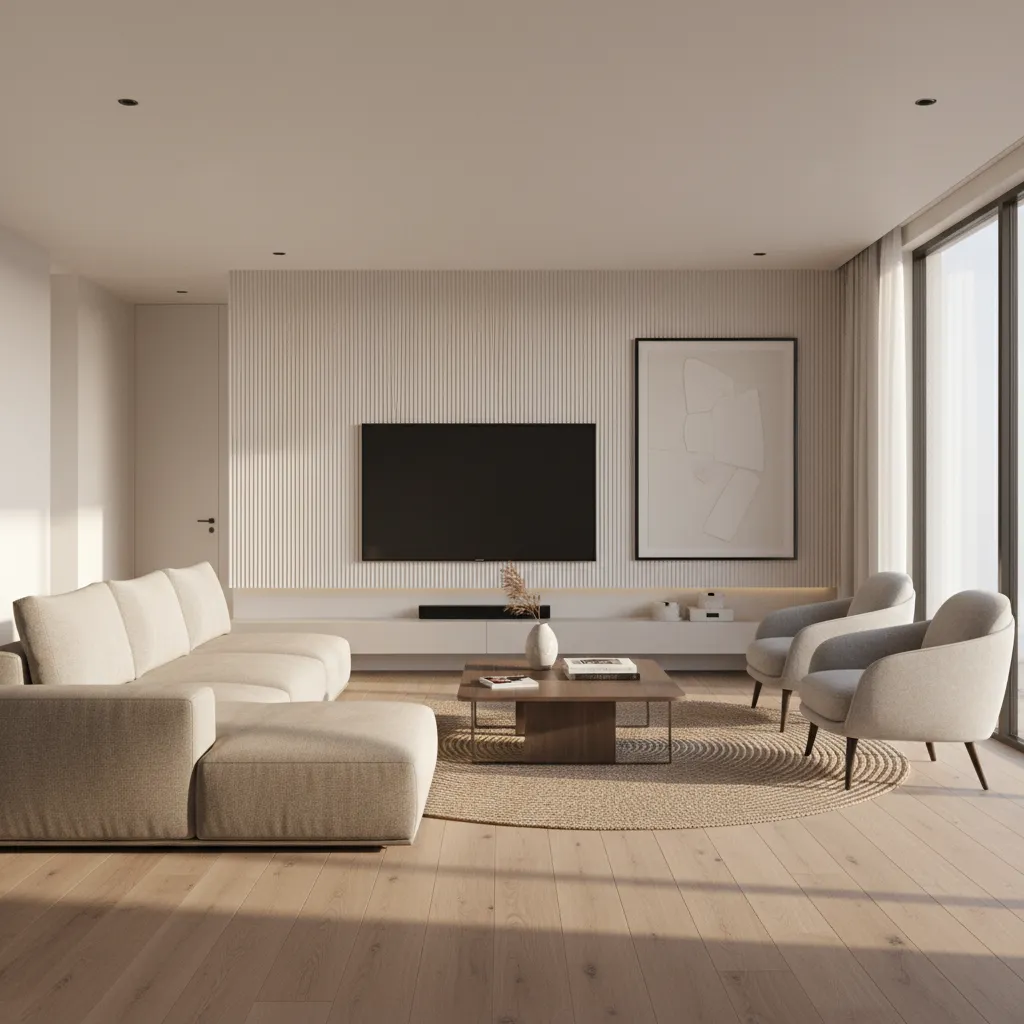 3D rendered living room interior showing furniture layout and lighting simulation