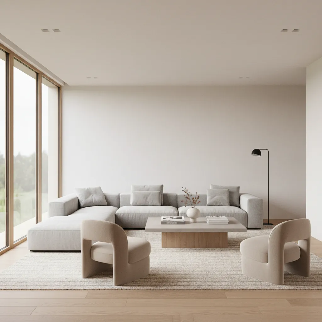 3D architectural rendering of a modern living room showing realistic lighting and furniture layout