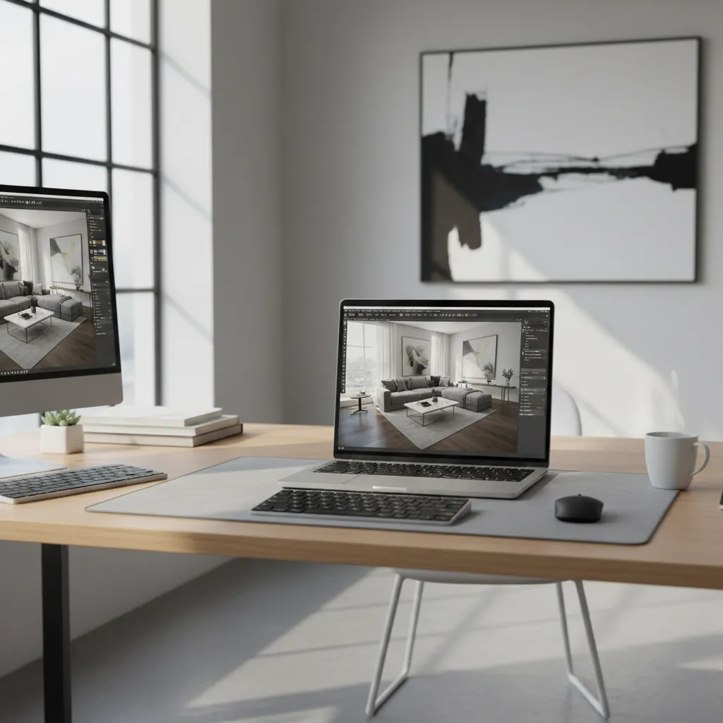 Laptop displaying 3D home rendering software with a living room model