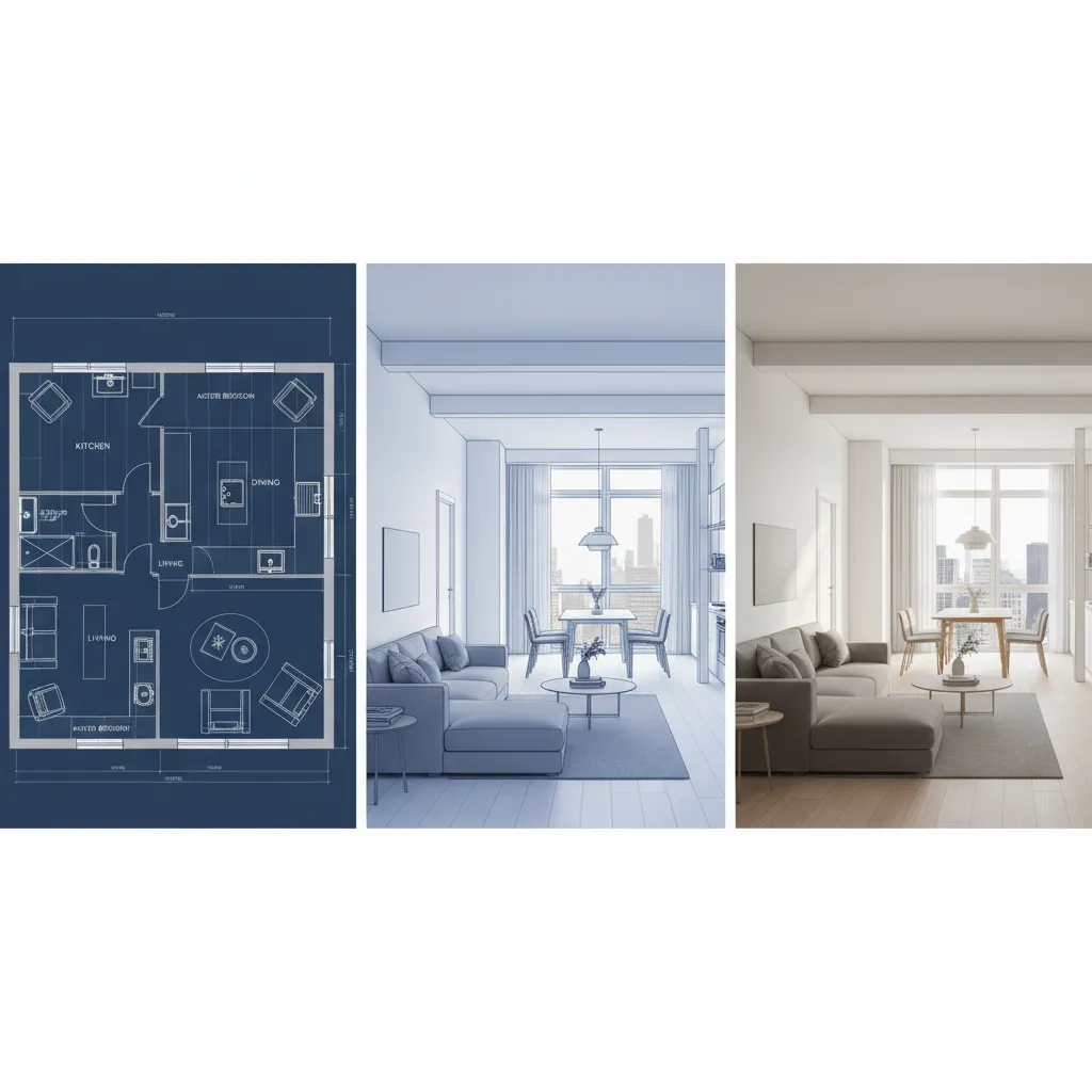 Concept visualization of a home rendering workflow from layout to final render