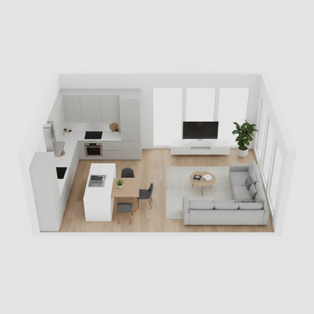 3D home renovation layout model showing kitchen and living room space planning