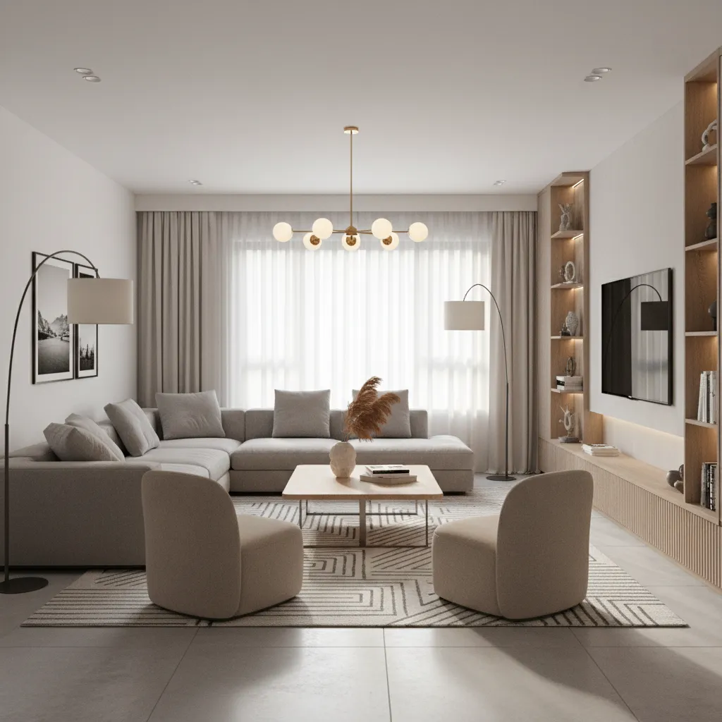 realistic 3D visualization of renovated modern living room design