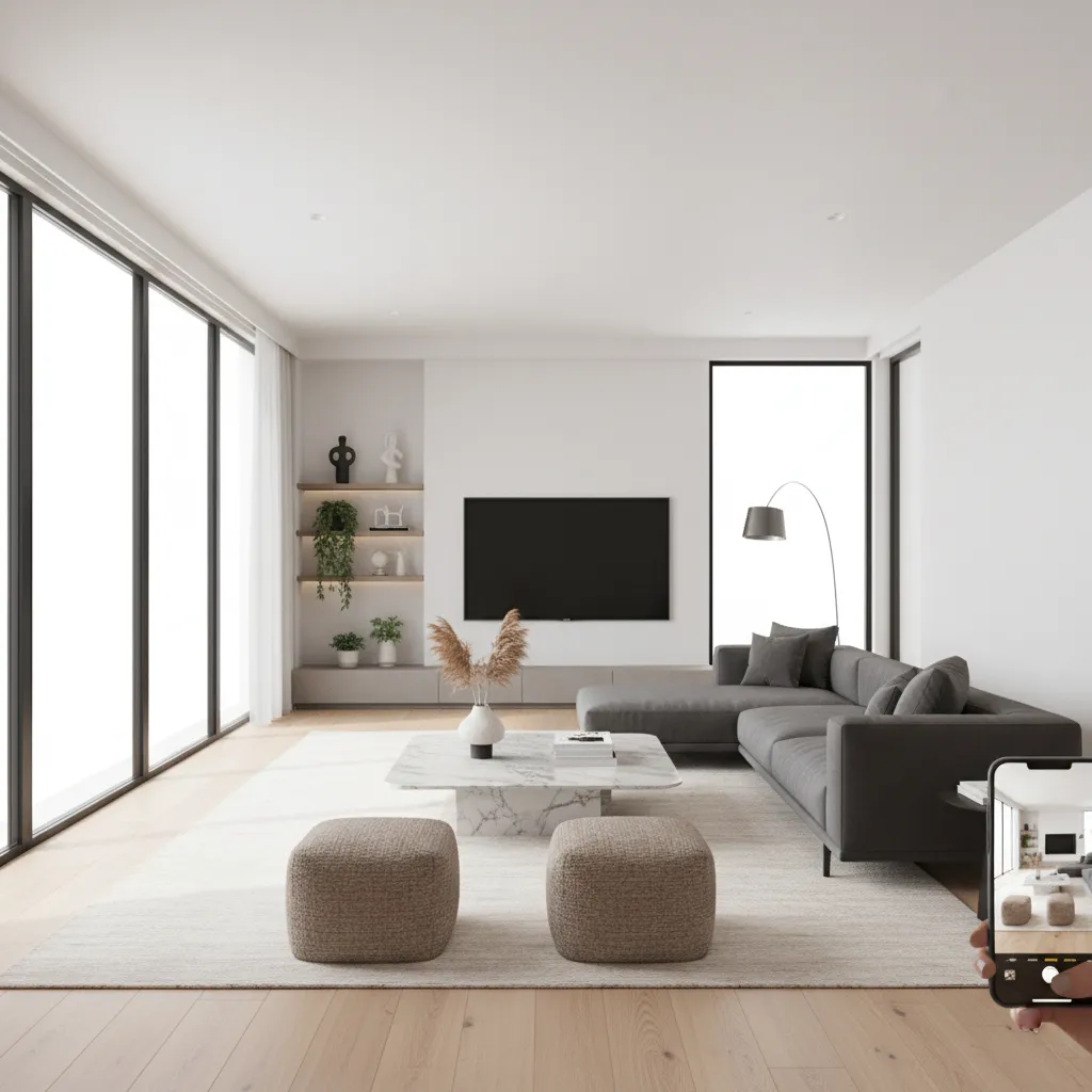 person recording a modern living room using smartphone for 3D home video capture