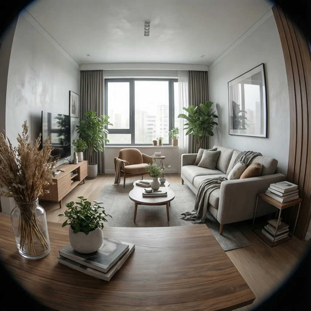 Interior scene composition showing foreground midground and background for 3D video