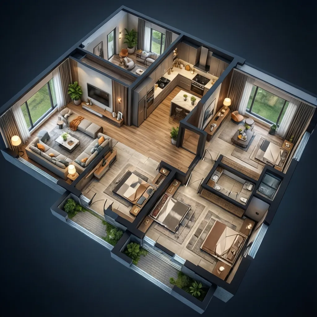 Visualización 3D de una casa moderna generada por software