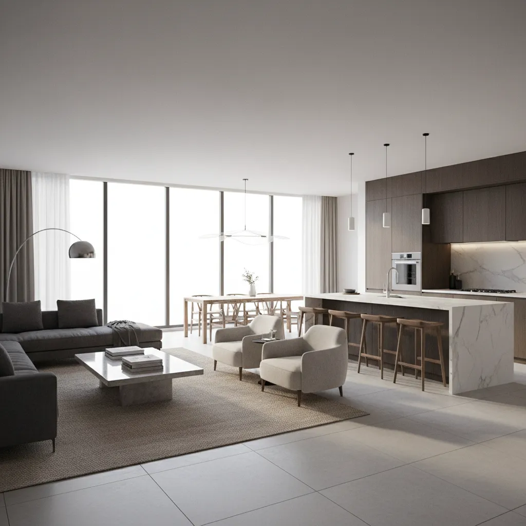 Modern open living room and kitchen with marble island grey sofa bar stools and windows