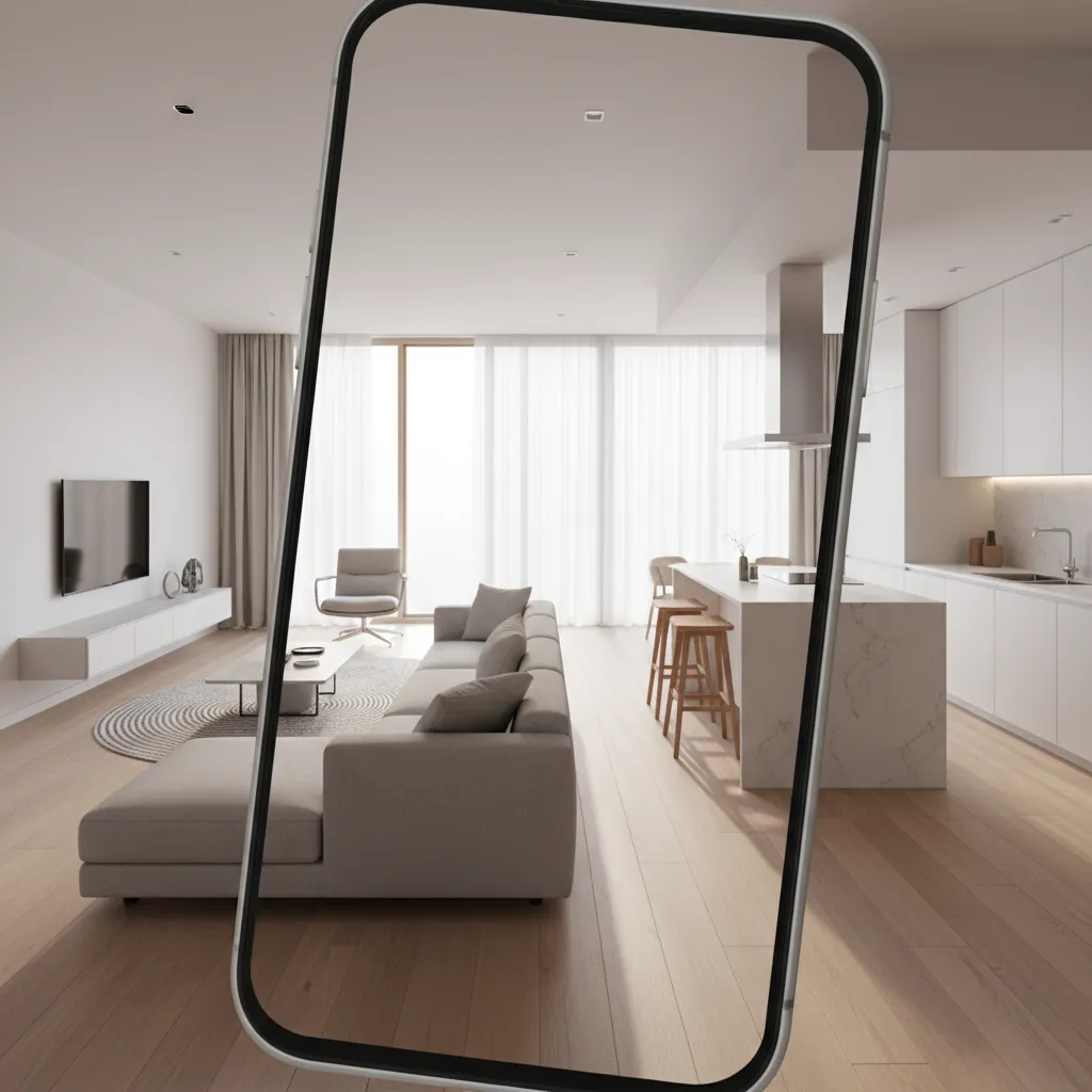 Phone screen showing open living room and white kitchen with wood floor and bar stools