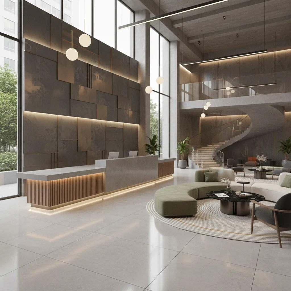 Modern hotel lobby interior design drawing with large reception desk, curved sofa, and spiral staircase