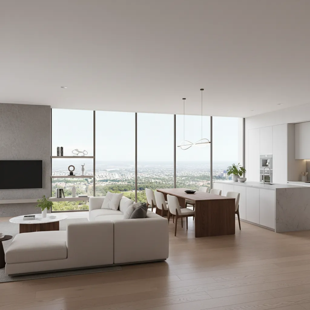 Phối cảnh 3D kiến trúc nhà ở hiện đại với bố trí nội thất