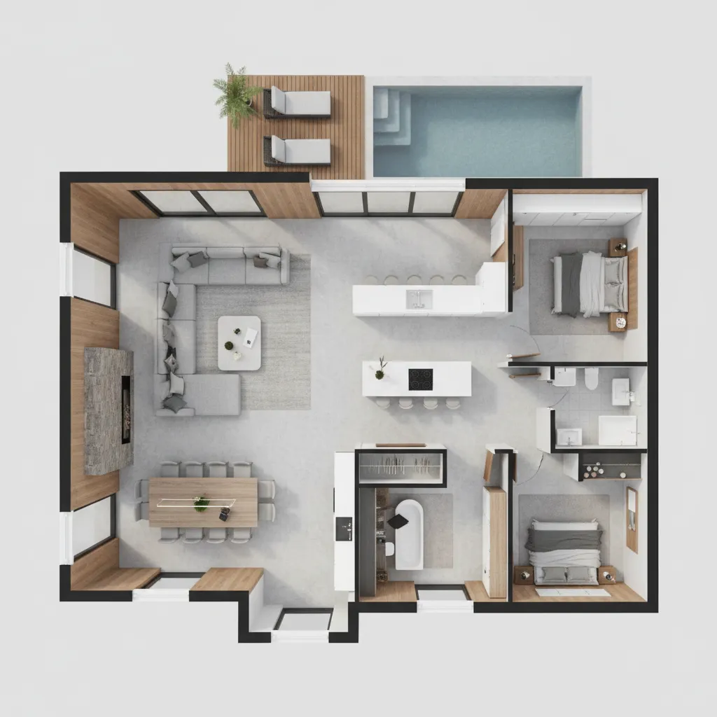Visualización 3D de un plano de casa moderna