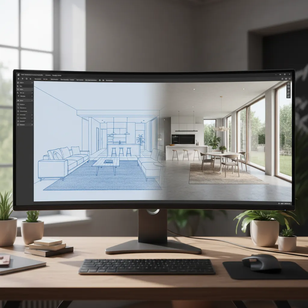 Ví dụ giao diện phần mềm thiết kế nhà 3D hiển thị mặt bằng và mô hình
