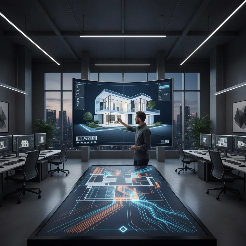 Pantalla mostrando un modelo 3D de diseño de vivienda durante la fase de planificación