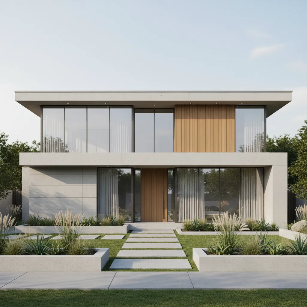 Modern two story house with large windows wood wall panels green lawn and stone path