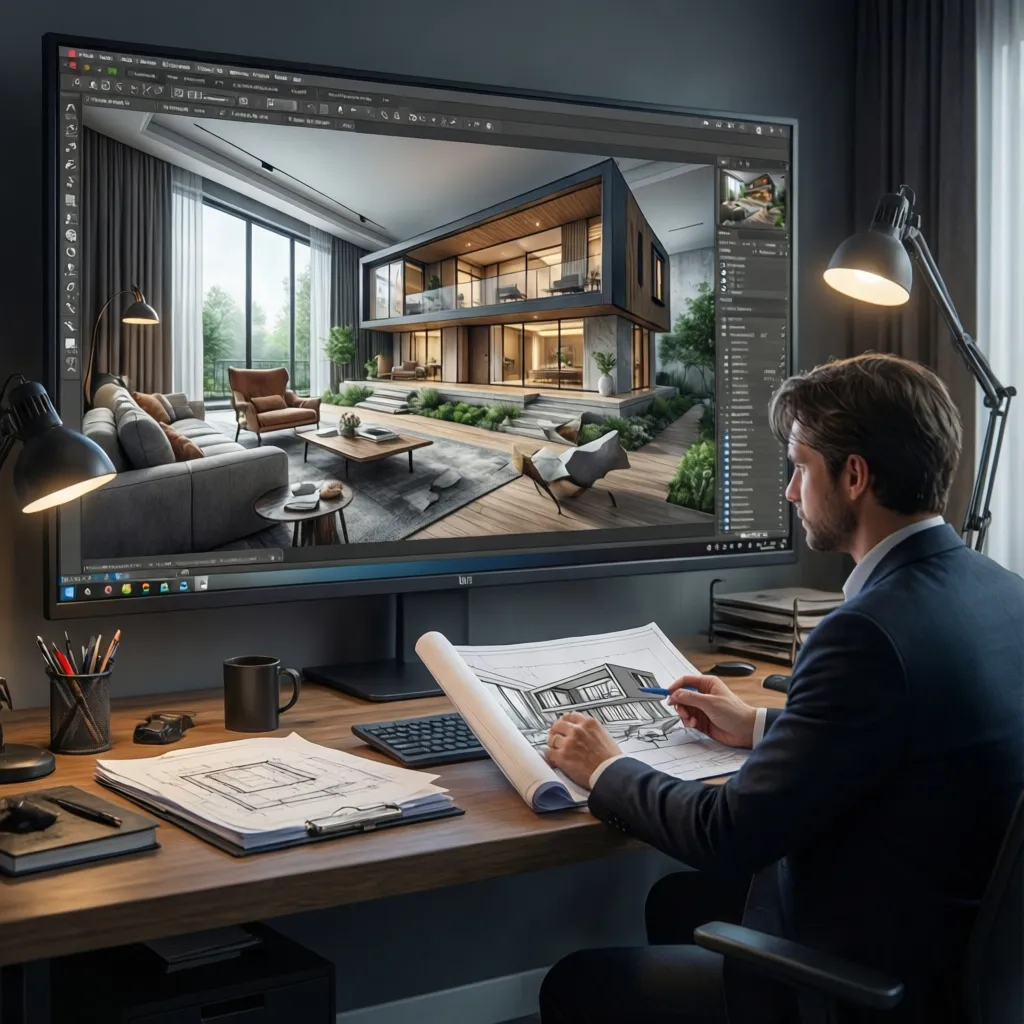 revisión de modelo de casa en 3D antes de construcción