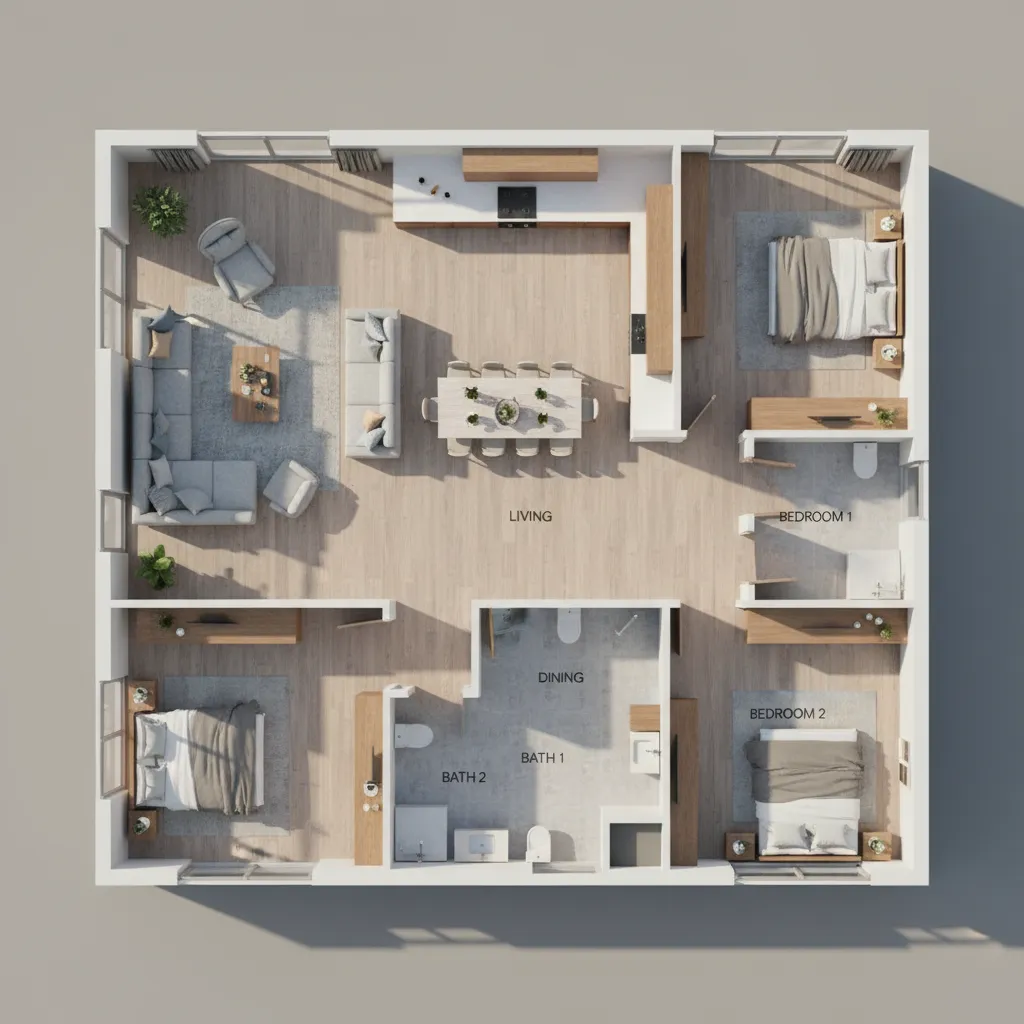 3D architectural visualization of residential house floor plan and interior layout