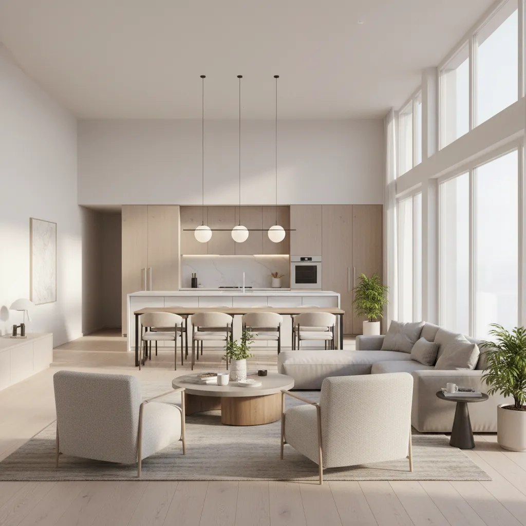 Modern interior design drawing showing a spacious living room kitchen dining area and large windows