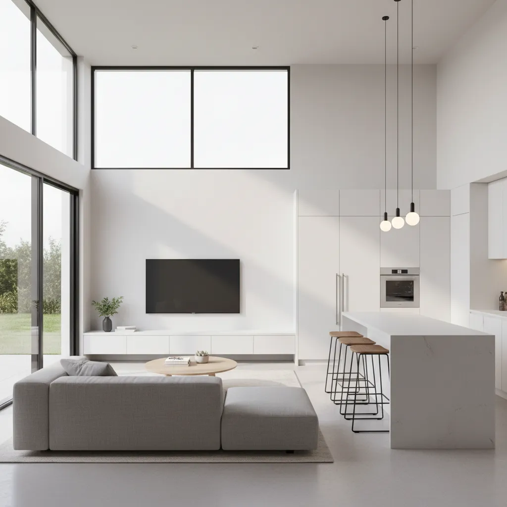Modern open plan living room and kitchen with grey sofa white island and large windows