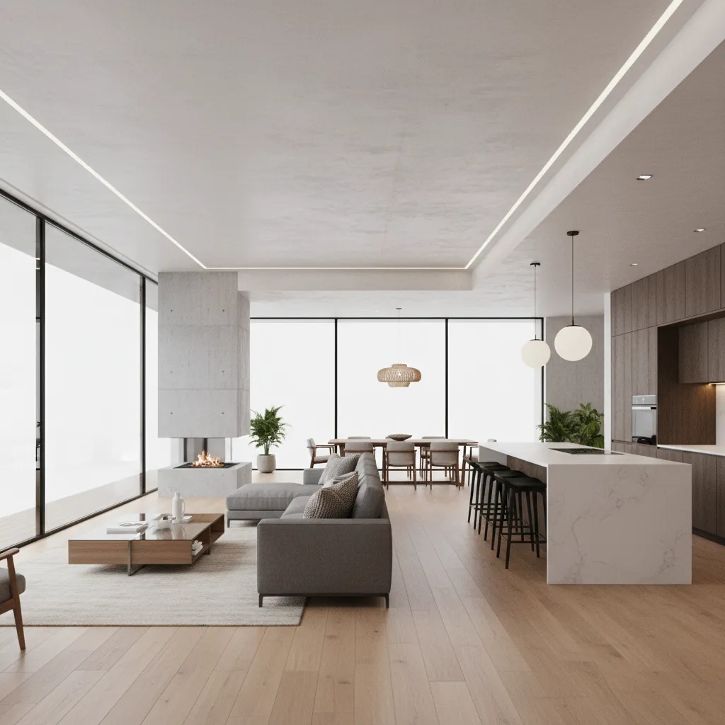 Minimalist interior design with grey sofa fireplace kitchen island wooden floor and large glass windows
