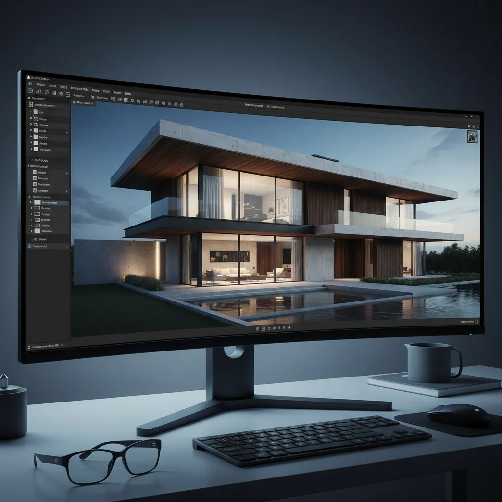 Visualización 3D de una casa moderna en software de diseño