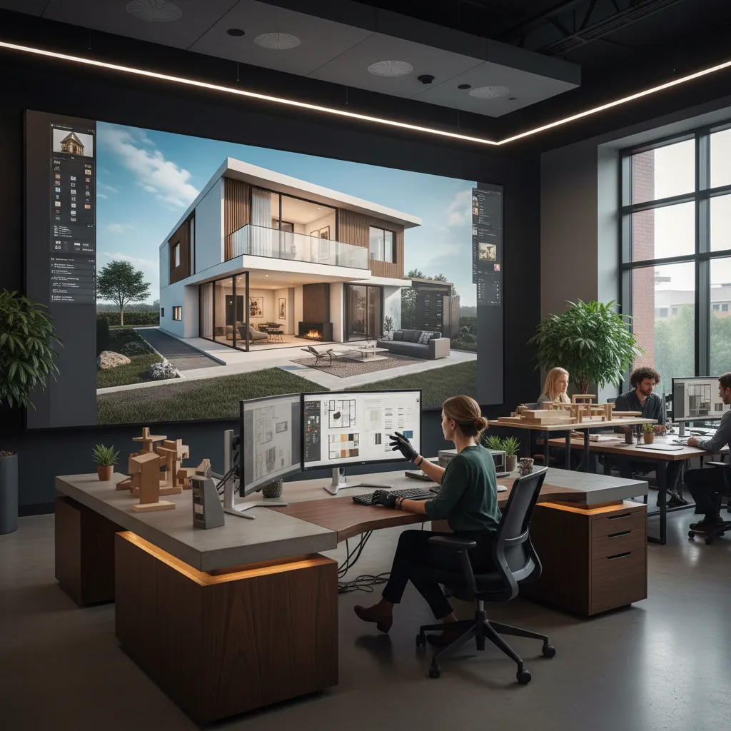 Interior design office showing a professional designer working on a modern house design drawing software