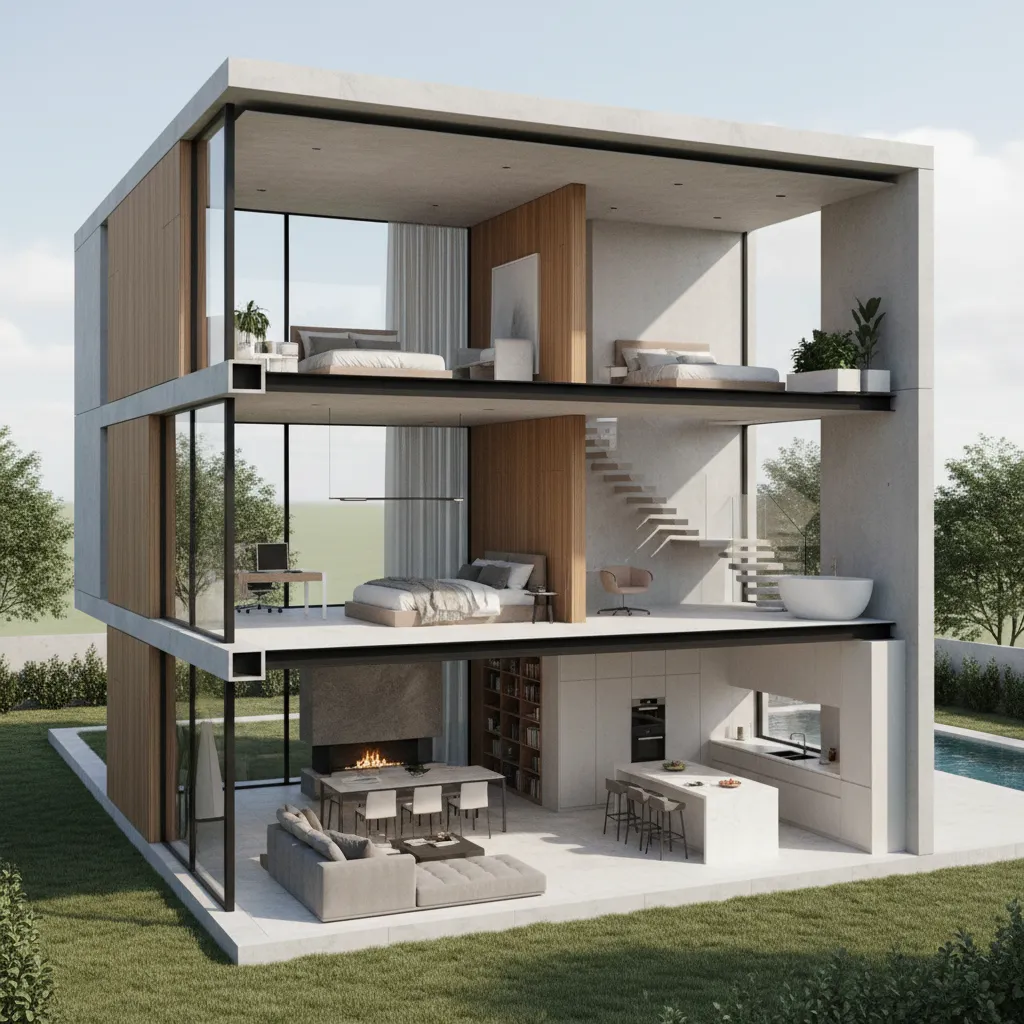 Coohom three story house view showing living room kitchen and several different modern bedroom layouts