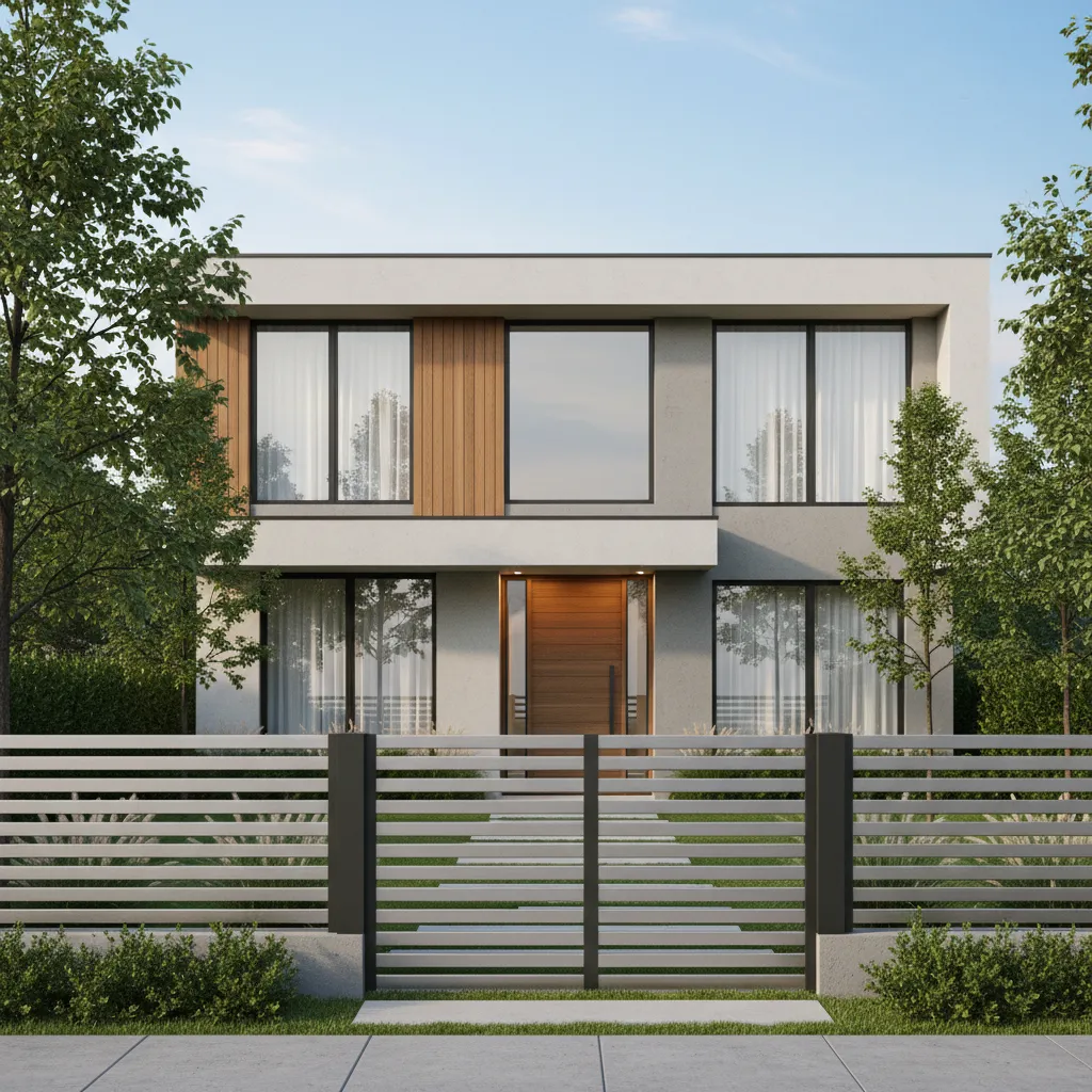 Render 3D de fachada de casa con diseño de reja moderna