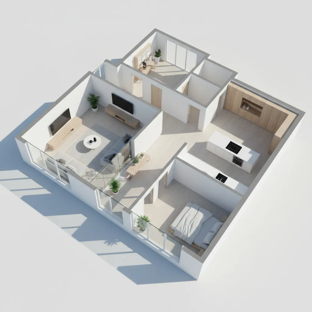 3D floor layout of a house showing rooms and circulation paths for architecture learning