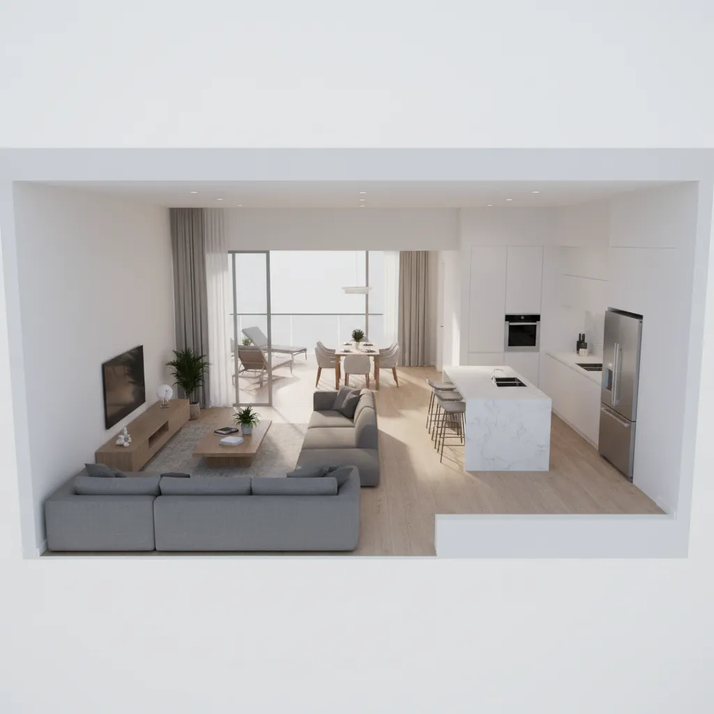 Visualización 3D de un plano de casa con habitaciones amuebladas