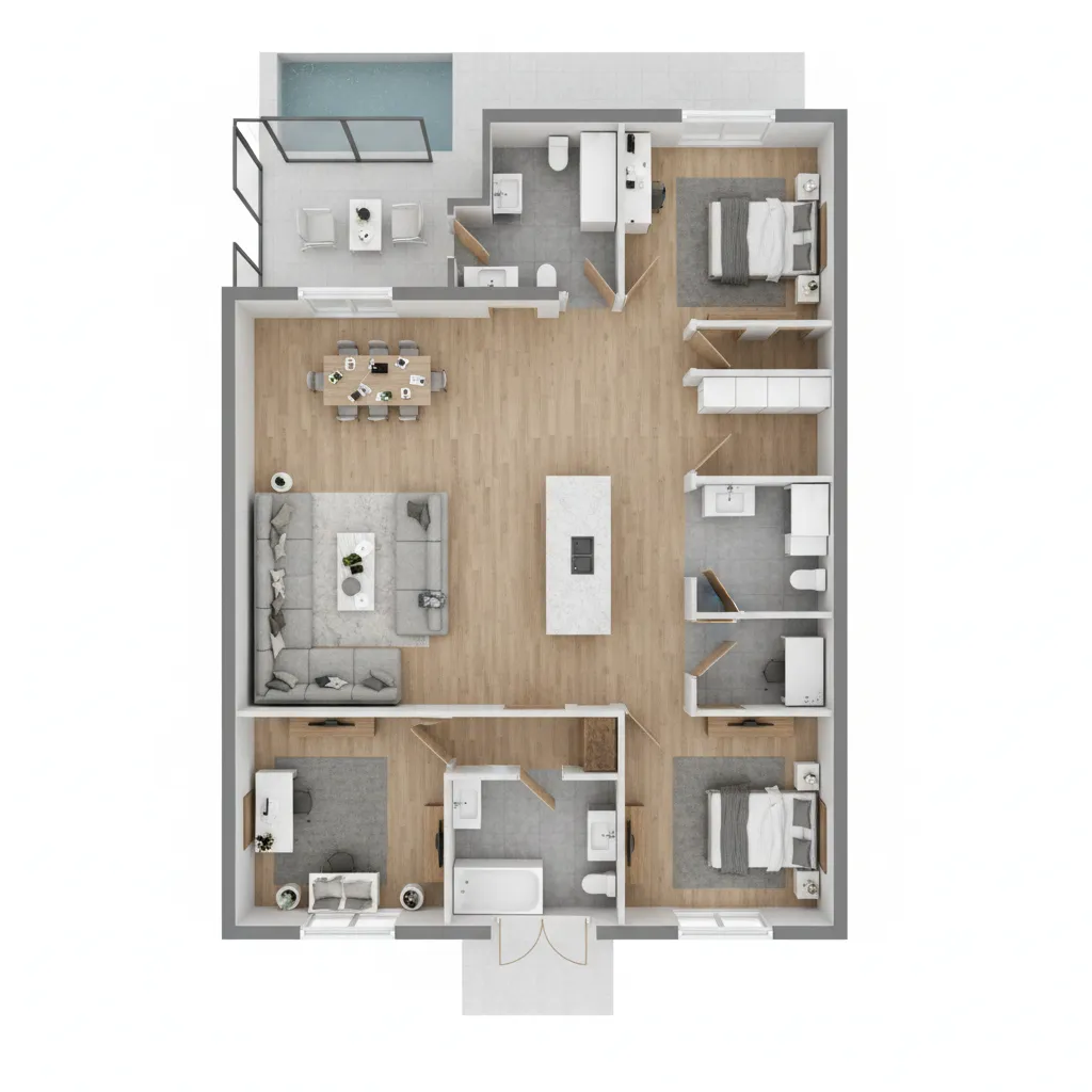 Plano de casa en 3D mostrando distribución de habitaciones
