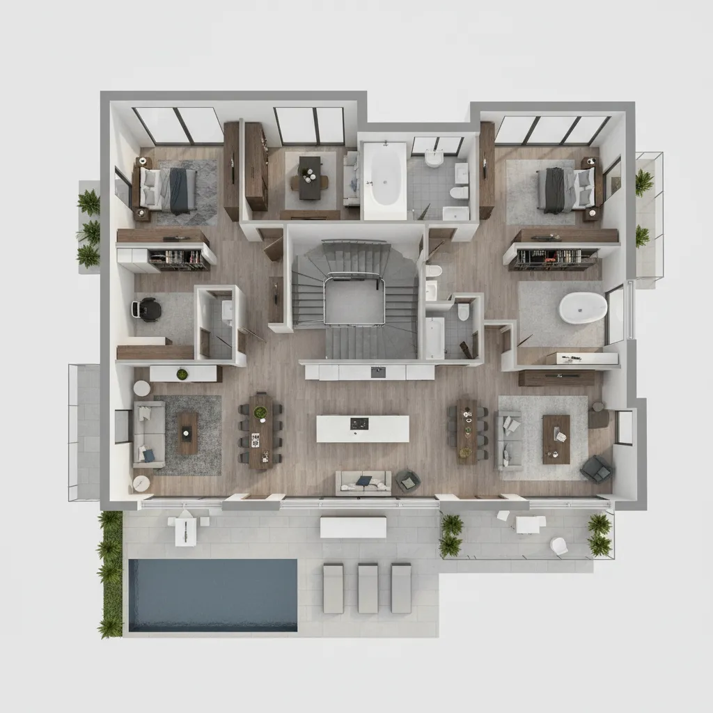 Plano 3D de una casa moderna mostrando distribución interior