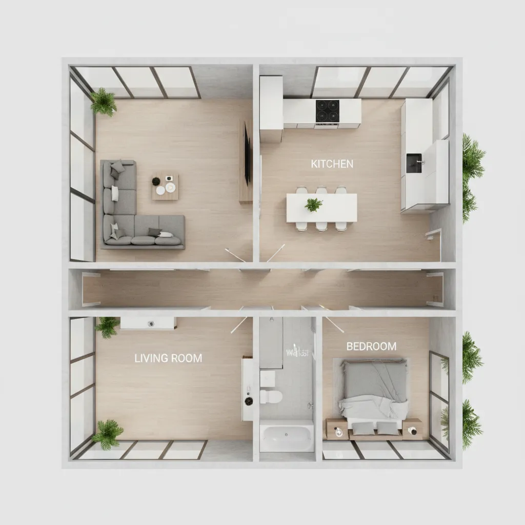 Three-dimensional room layout showing kitchen, bedroom, living room, bathroom, wooden floors, and modern furniture pieces