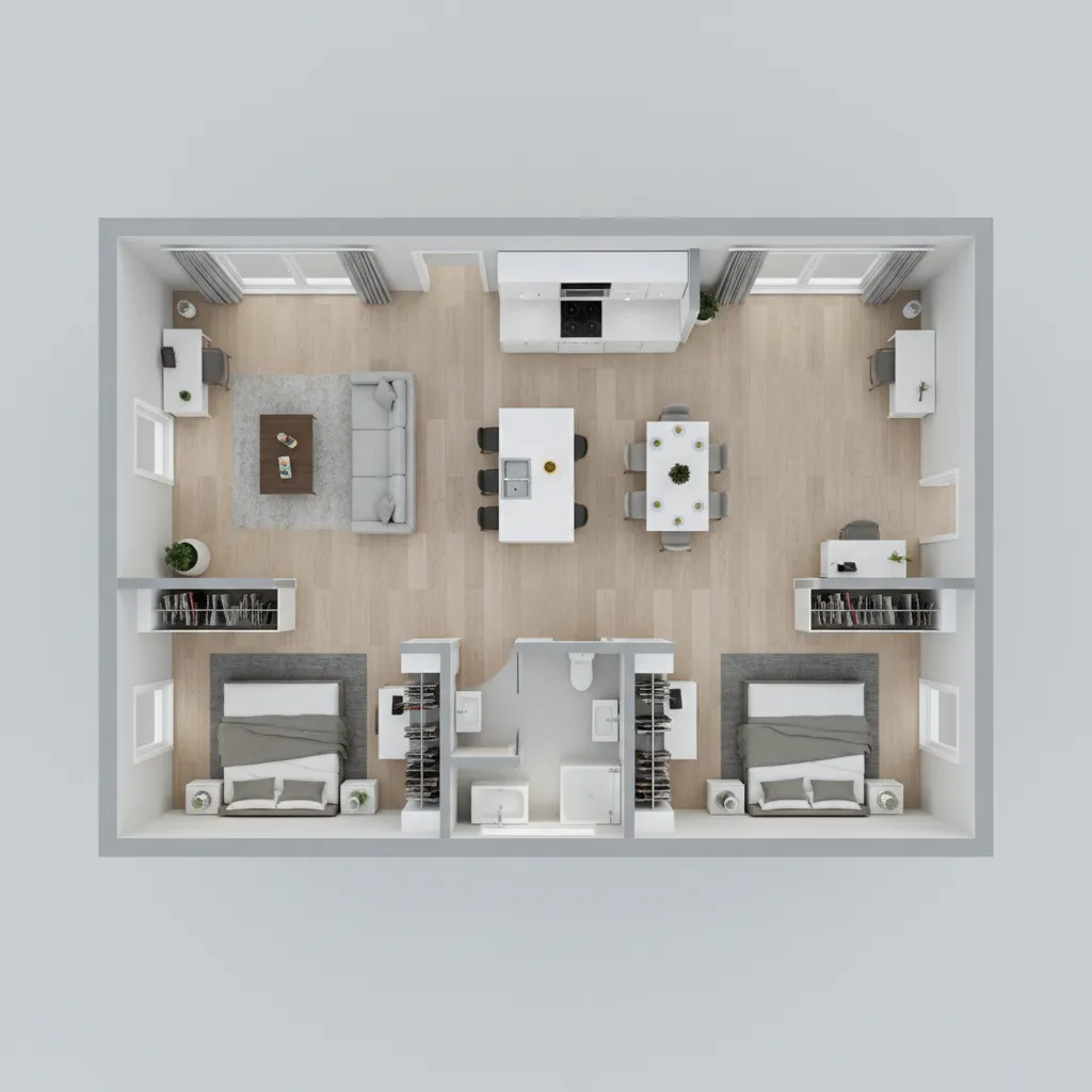 Plano de casa en 3D mostrando distribución eficiente