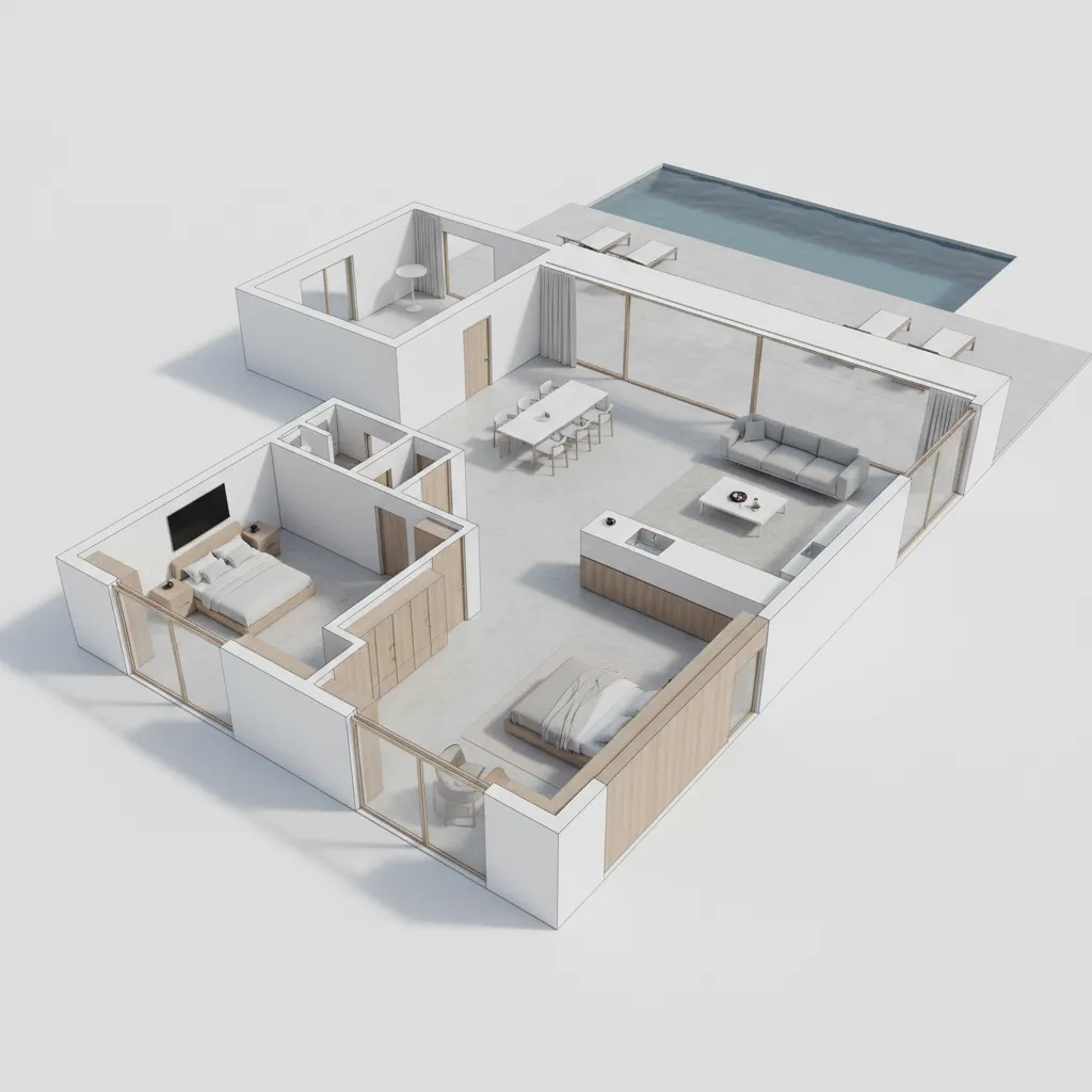 Plano 3D de distribución de vivienda moderna
