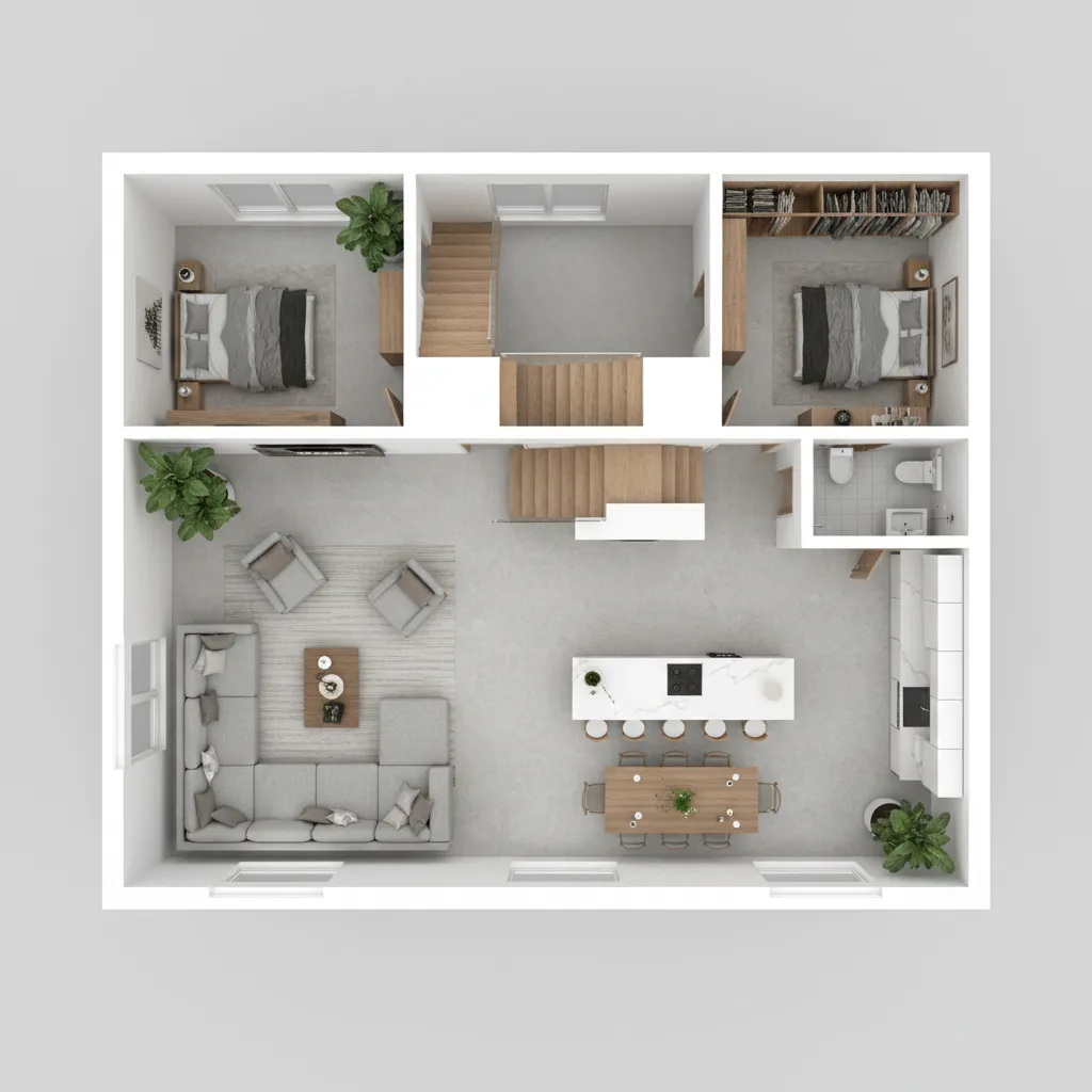 Plano 3D de distribución moderna de una casa