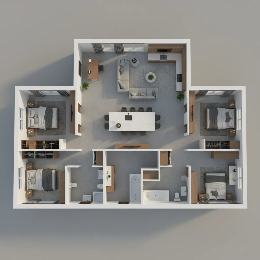 3D floor plan layout of a large residential home showing room distribution