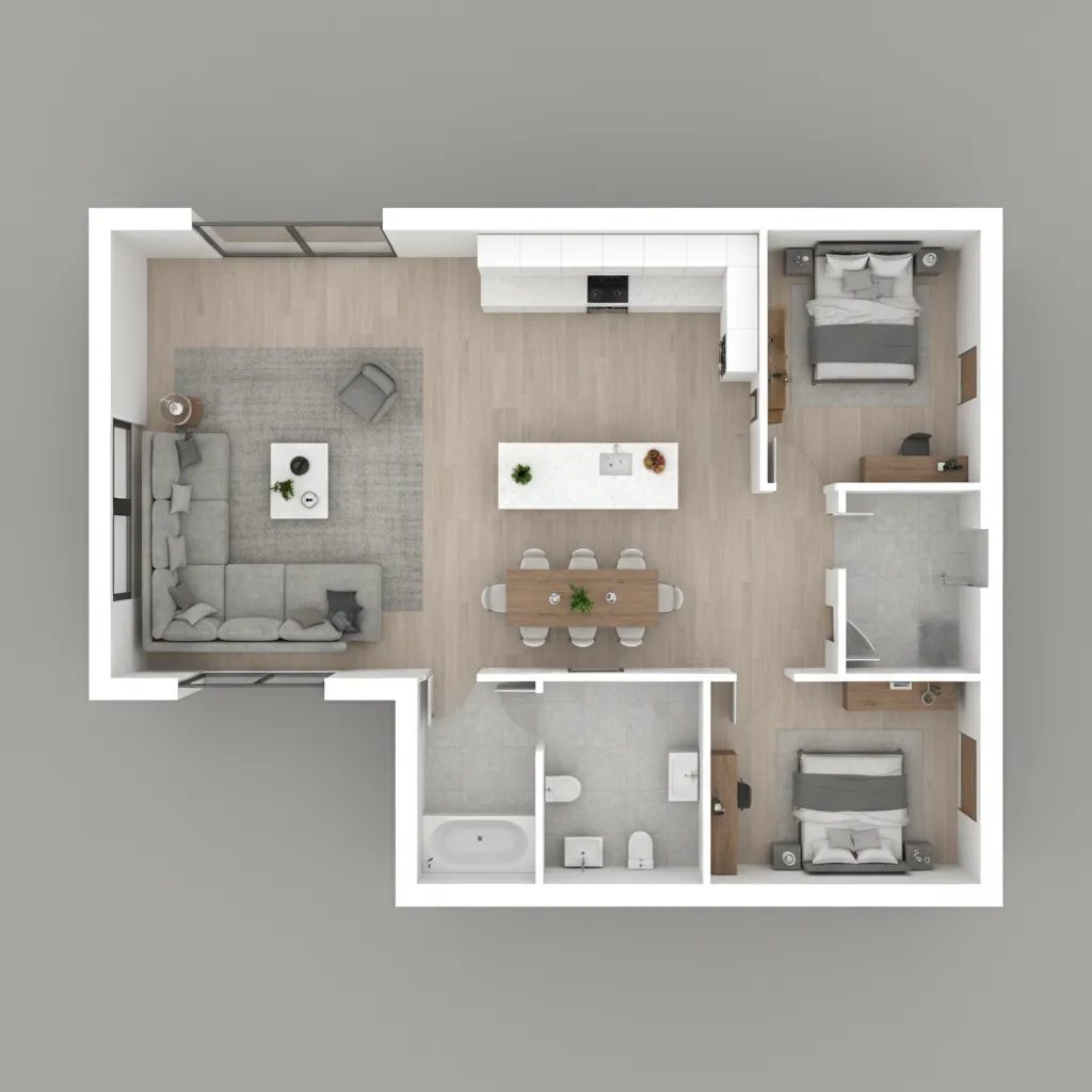 Modern two bedroom apartment floor plan showing living area kitchen island and dining table layout