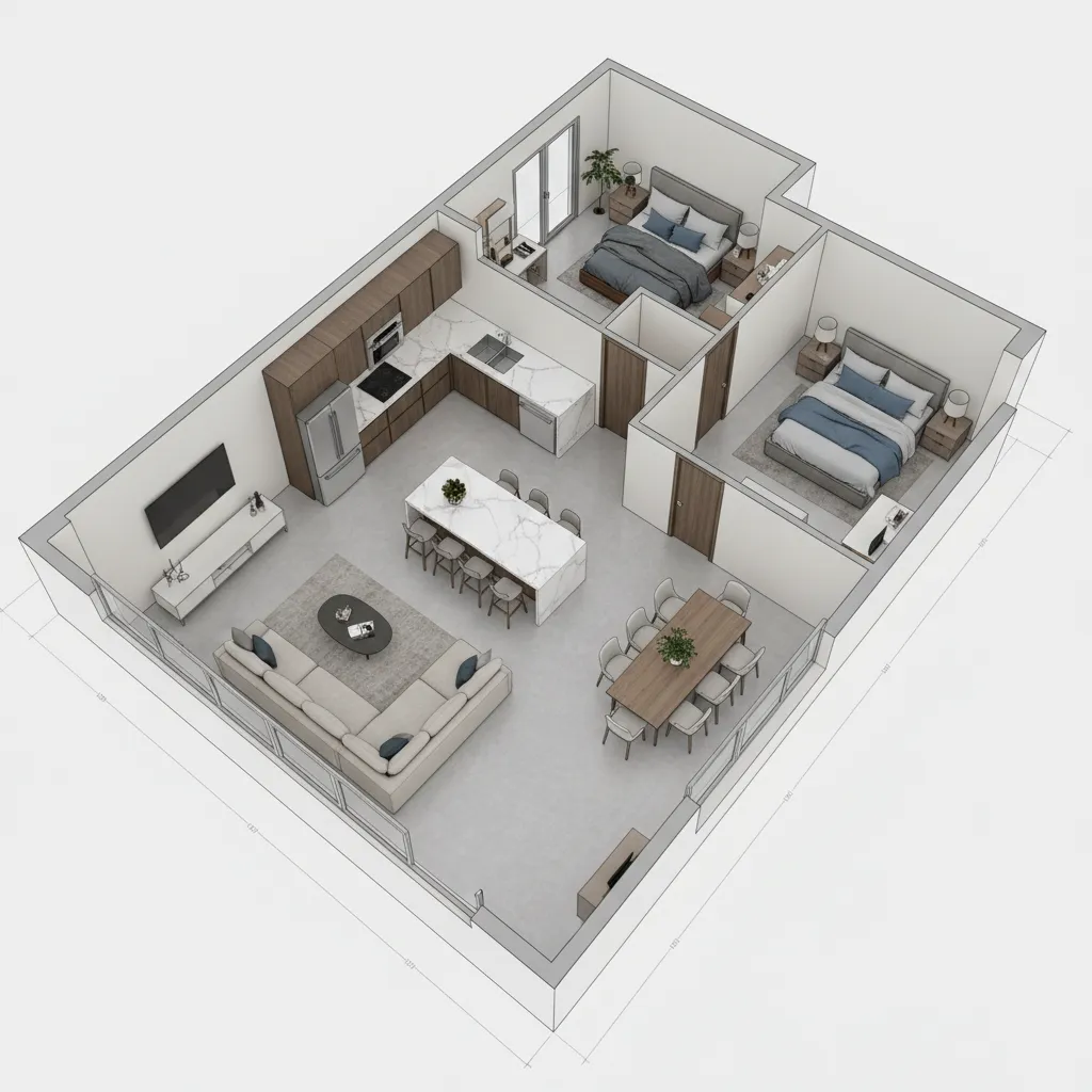 3D floor plan layout showing rooms furniture placement and circulation paths