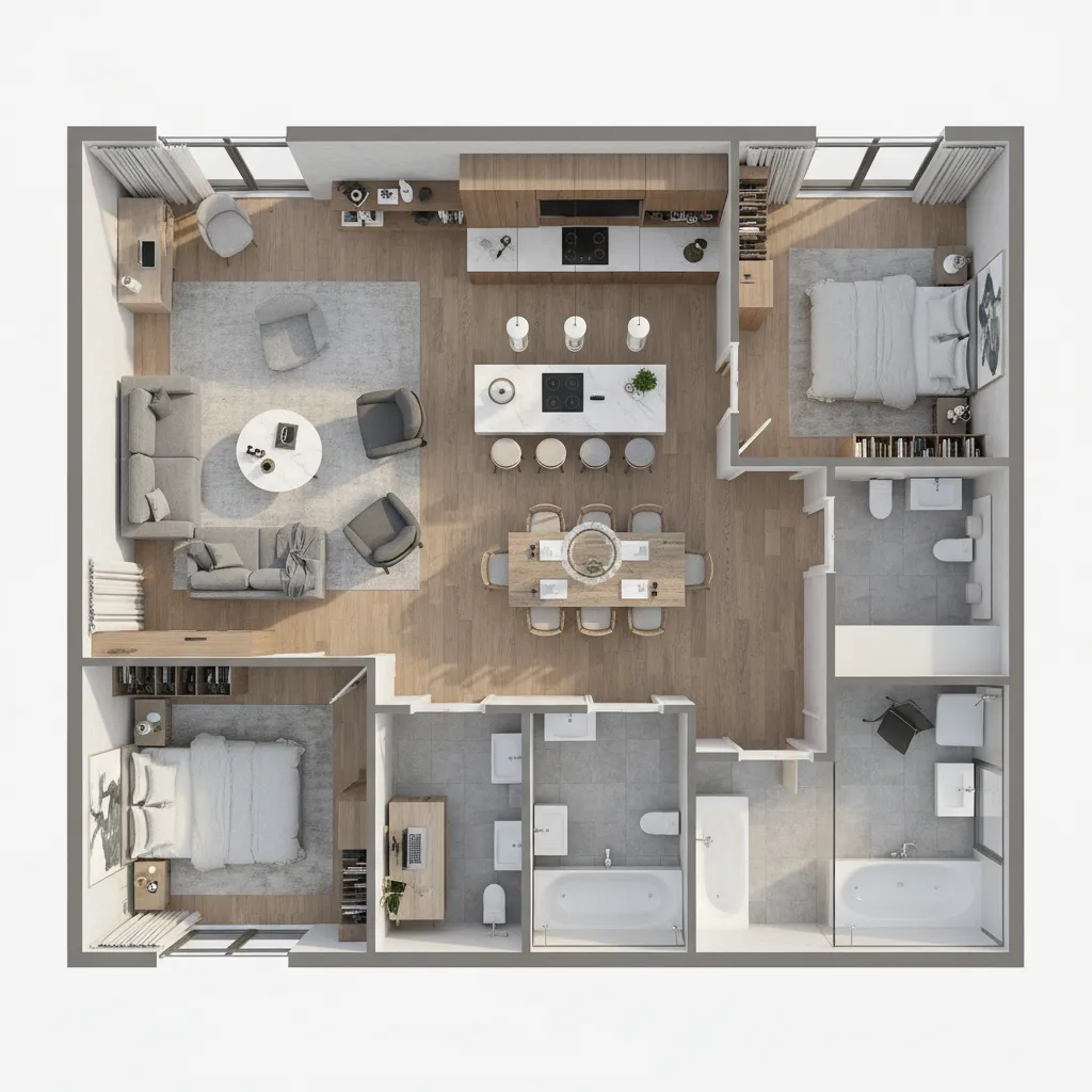 Vista superior 3D de un plano completo de vivienda con muebles