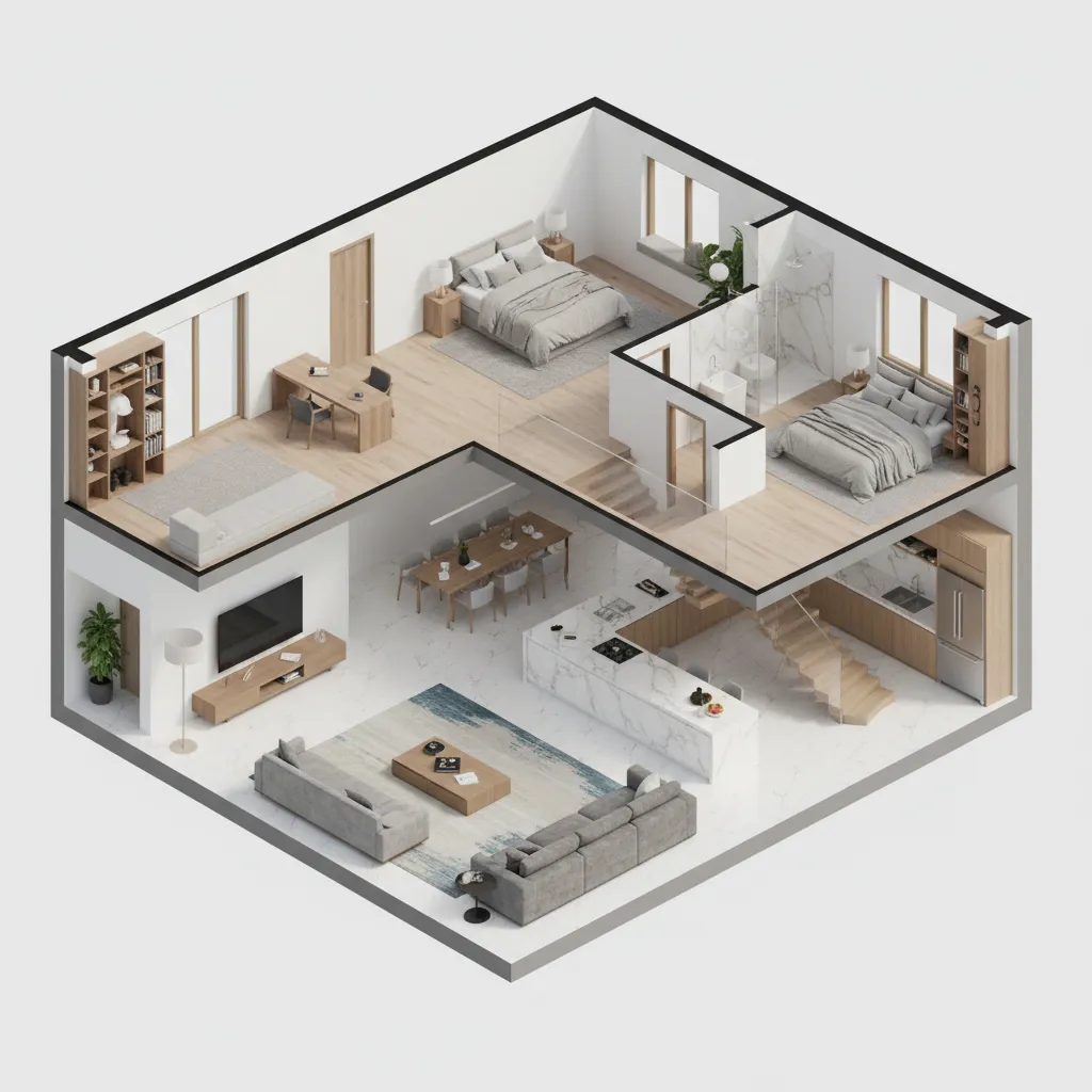 Visualización 3D de un plano de casa con salón, cocina y dormitorios