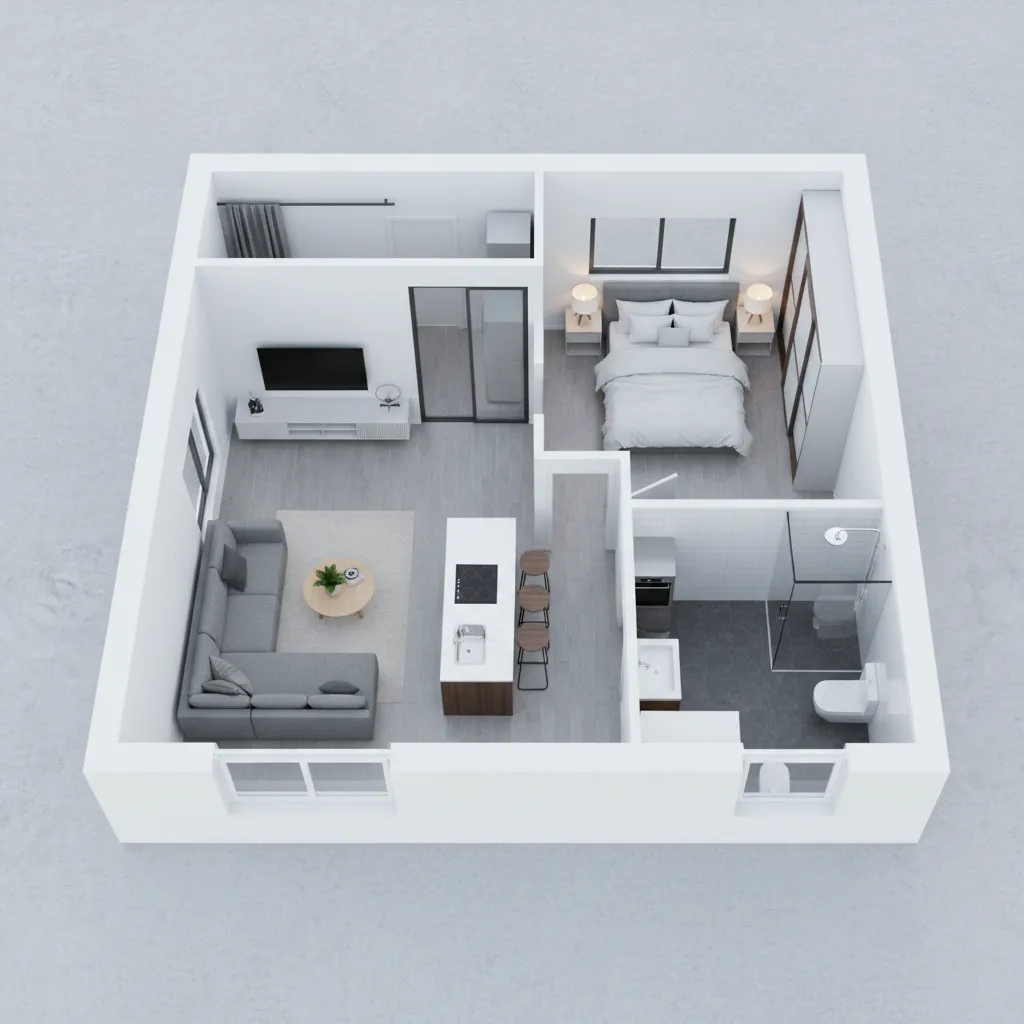 Plano 3D de una casa pequeña con distribución eficiente
