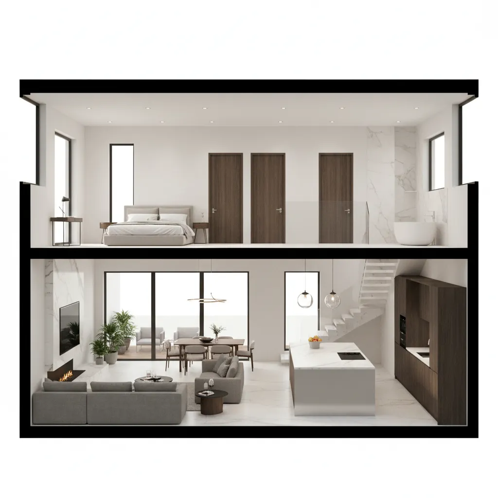 Modern two level interior design drawing showing bedroom upstairs and living area with grey sofa
