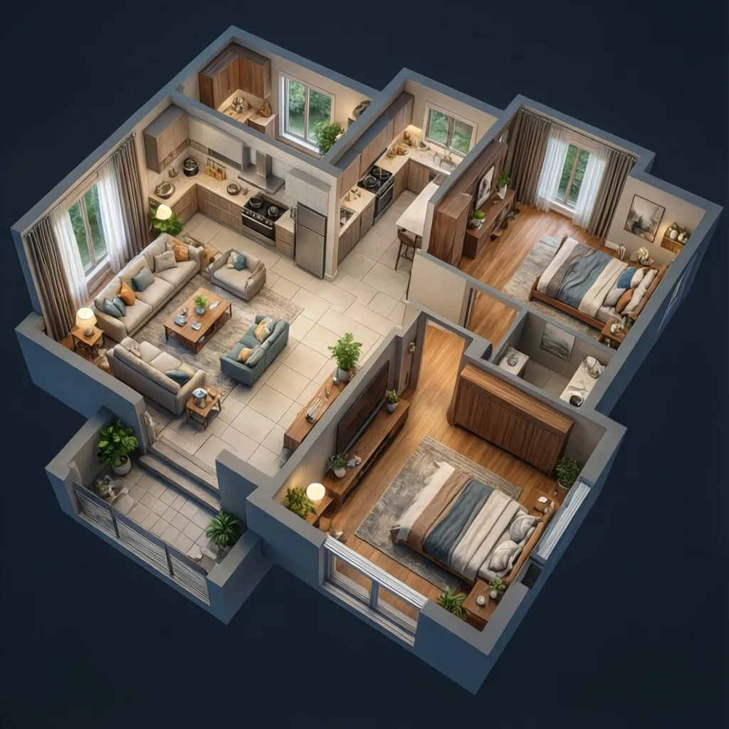 Detailed interior design drawing of a two bedroom apartment with living room and open kitchen